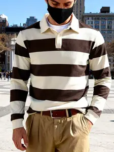 Men's Loose-Fit Striped Knitted Polo Shirt, Casual Long Sleeve Button-Down Top, Fall & Winter Fashion, European and American Style, Casual Wear, Casual Polo Shirts