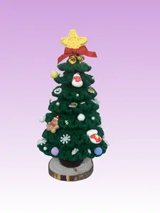 Handmade Crochet Christmas Tree 8 Inch Tall with Festive Ornaments & Wooden Base for Holiday Decor Perfect Gift Present
