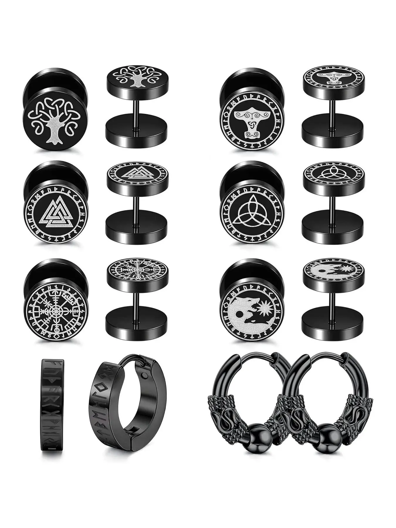 Viking Style Graphic Earrings, Stainless Steel Norse Viking Stud Earrings, High Quality Earrings, Fake Gauges Plug, Huggie Hoop Mens Earrings, Fashion Jewelry Accessories for Men, Stainless Steel Hoops