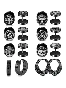 Viking Style Graphic Earrings, Stainless Steel Norse Viking Stud Earrings, Fake Gauges Plug, Huggie Hoop Mens Earrings, Dangle Earrings Men, Fashion Jewelry Accessories for Men