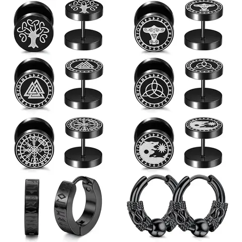Viking Style Graphic Earrings, Stainless Steel Norse Viking Stud Earrings, High Quality Earrings, Fake Gauges Plug, Huggie Hoop Mens Earrings, Fashion Jewelry Accessories for Men, Stainless Steel Hoops, Hoop Shape Earrings