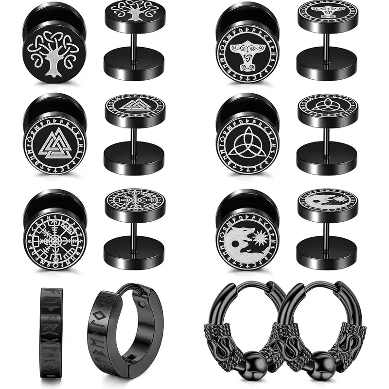 Viking Style Graphic Earrings, Stainless Steel Norse Viking Stud Earrings, High Quality Earrings, Fake Gauges Plug, Huggie Hoop Mens Earrings, Fashion Jewelry Accessories for Men, Stainless Steel Hoops, Hoop Shape Earrings