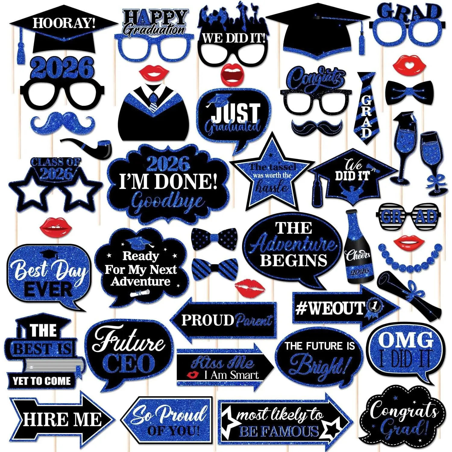 46 count Black Blue Graduation Photo Booth Props 2026 Graduation Decorations with Sticks Class of 2026 Grad Party Favors Supplies for High School & College