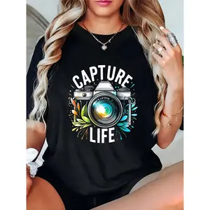 Women's Black T-Shirt with Colorful Camera, Leaves & "Capture Life" Slogan – Casual Daily Wear for Photographers, Nature Lovers, Ideal for Casual Outings & Photography Enthusiasts 100% Cotton T-shirt