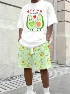Fresh Avocado Couple Print Set, Men's White T-shirt & Allover Green Shorts Cute Casual Two-Piece