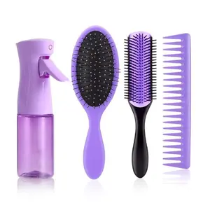 CHRISTMAS GIFT 4-Piece Detangling Hair Brush Set for Women – Includes Wet & Dry Paddle Brush, 9-Row Styling Brush, Detangler Comb & 200ml Continuous Spray Bottle