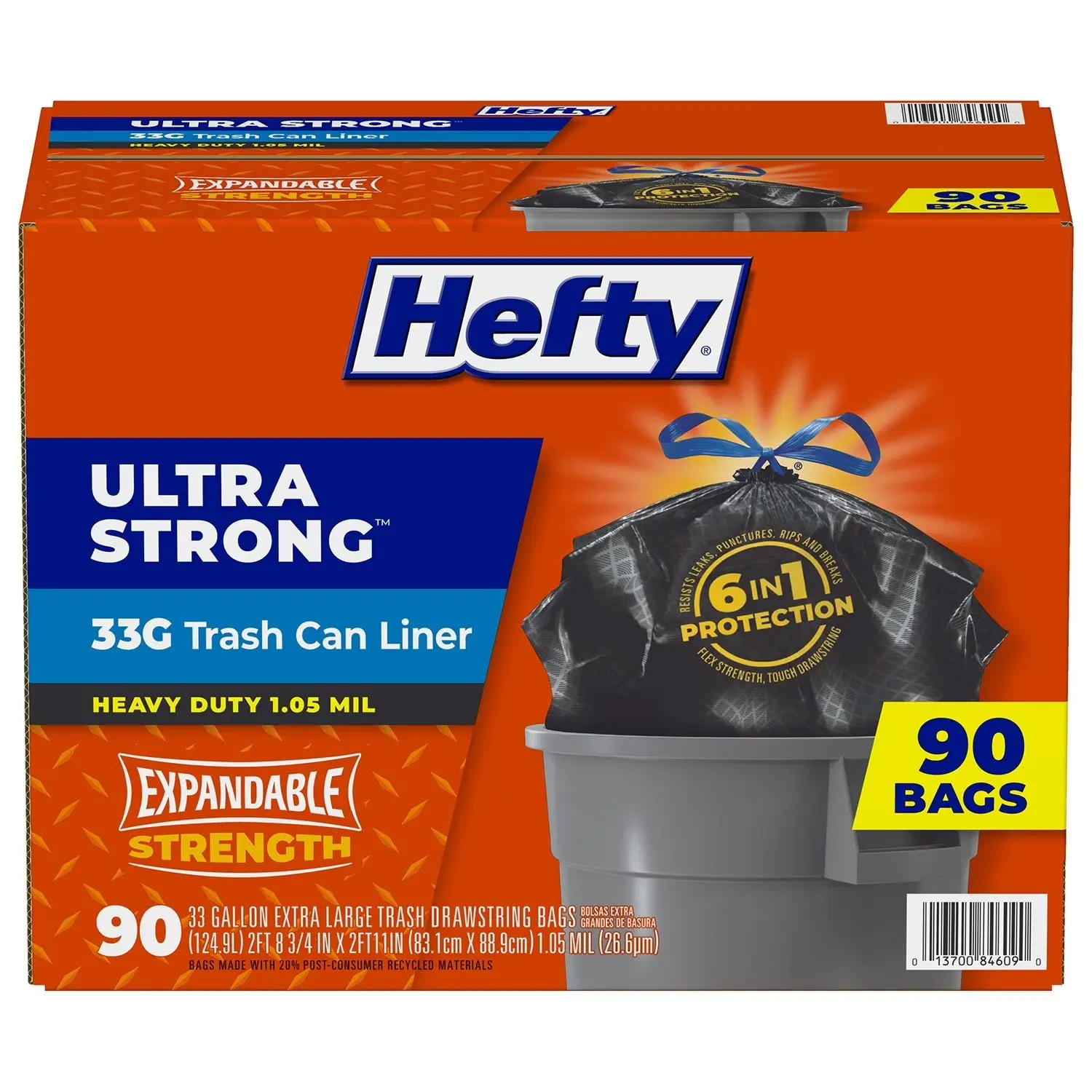 Hefty Heavy Duty Sturdy Drawstring Bin Bags - Unscented, 33 gal Regular, 90 Ct, Eco-Friendly Handles, Leak-Proof, Cleaning Essential, Balcony & Garage Use, Trash Box Compatible Disposable Trash Bags