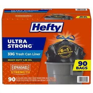 Hefty Ultra Strong Drawstring Trash Bags - Unscented, 33 gal, 90 ct, Eco-Friendly with Handles, Ideal for Garage Cleaning, Compatible with Trash Boxes