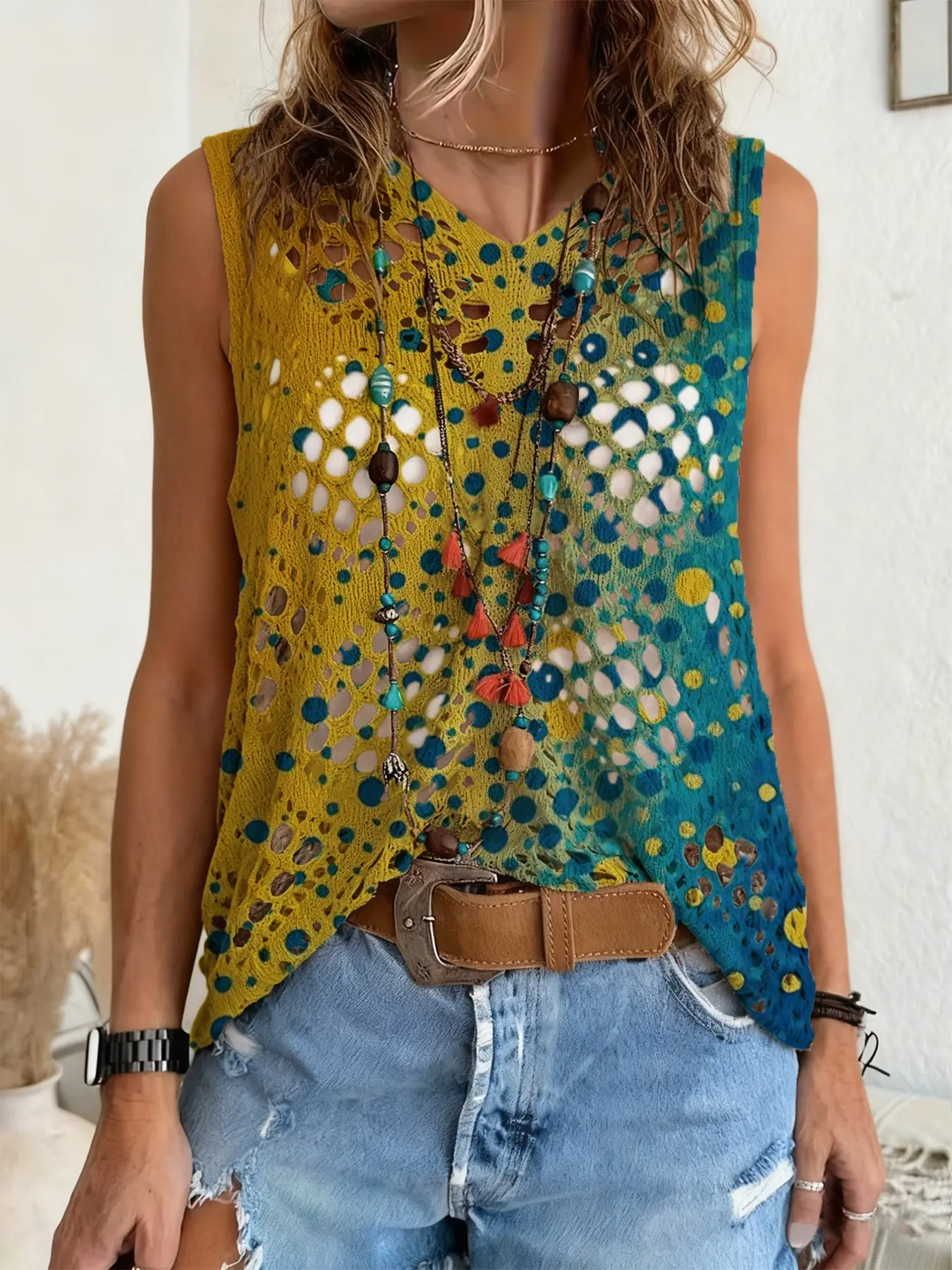 Spring Summer V Neck Hollow Out Shoulderless Knit Top, Colorblock Print Ladies Sweater, Casual Elegant Commuter Wear, Boho Beach Cover-Up