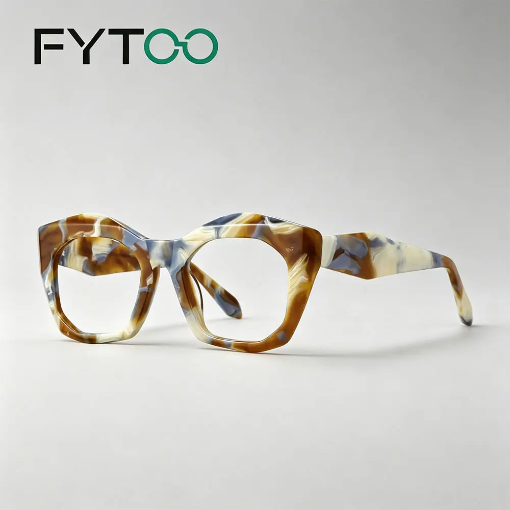 FYTOO Marbled Tortoiseshell Geometric Square Acetate Statement Frame Glasses, Lightweight Unisex Stylish Eyewear with Light-Luxury Elegant Art-Business Aesthetic, Replaceable Blue Light Blocking Lens, Multi-Color 1736-03 for Content Creators & Daily Wear,