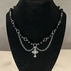 Black Gothic Beaded Necklace with Silver Cross and Accents