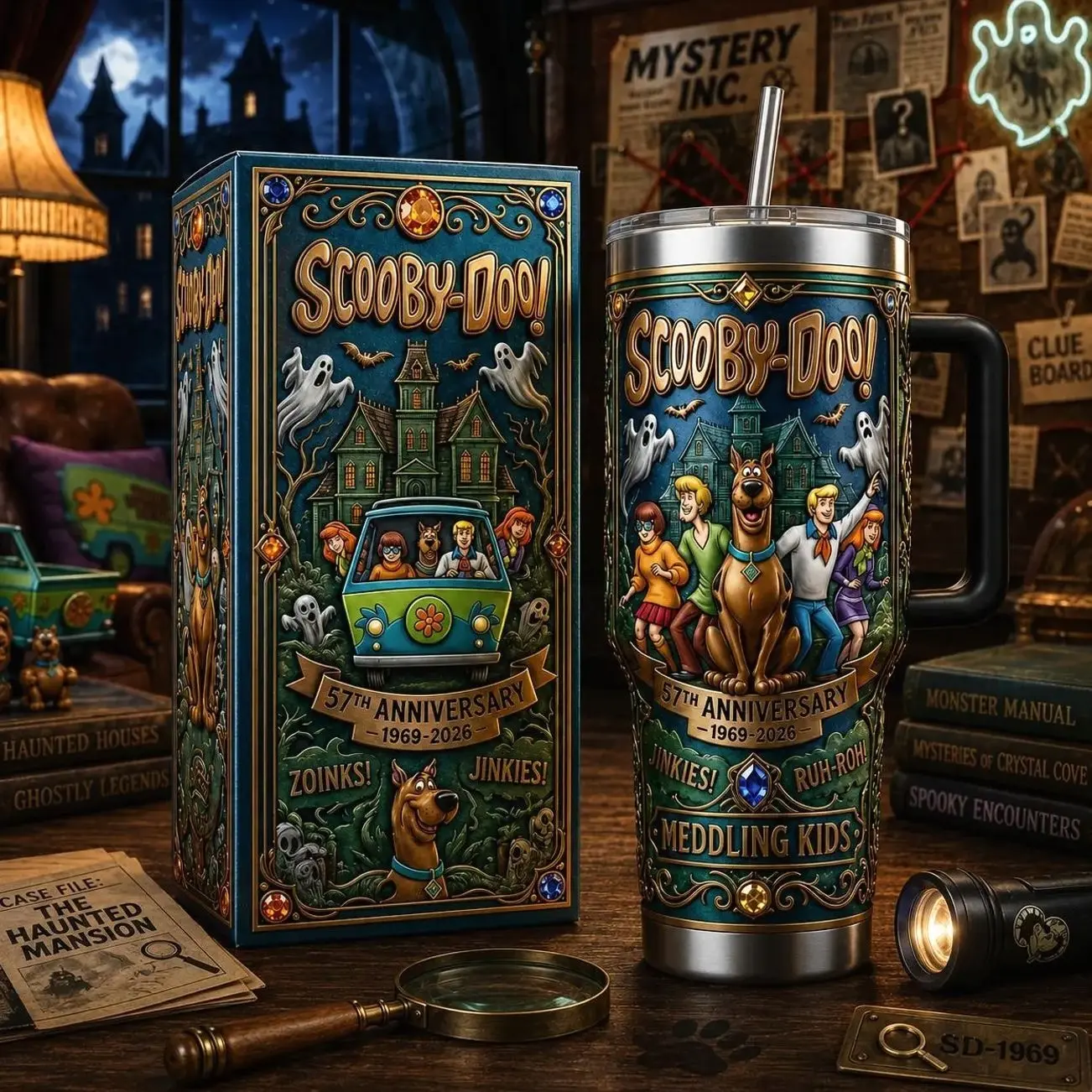 Scooby-Doo 57th Anniversary 1969–2026 Vintage Mystery Cartoon 40oz Stainless Steel Tumbler with Handle & Straw – Mystery Inc. Insulated Travel Cup, Retro Haunted Adventure Drinkware, Classic Fan Collector Gift.