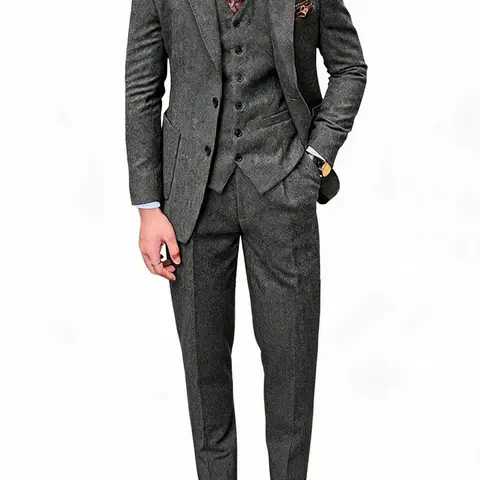 Men's Regular 3-Piece Plain Elegant Retro Herringbone Polyester Blend Full Suit Set - 2-Button Long Sleeve Blazer, Vest, Pants - Dry Clean Formal Workwear for Party, Polish Events (Autumn New Arrival, XL Option)