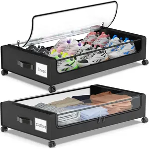 Under Bed Storage with Wheels, 2-Pack Underbed Storage Containers with Clear , Under Bed Shoe Storage Organizer, Rolling Under the Bed Storage Bins for Clothes Shoes Blankets (Black)