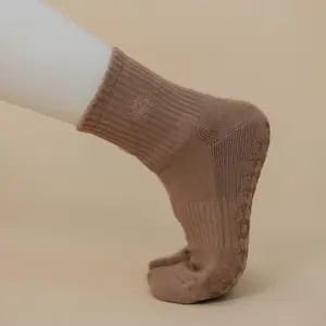 Mocha Light Brown Grip Socks for Barre Yoga & Pilates with Monochromatic Gooseberry Embroidery and Custom Leaf-Shaped Grips US Women's 5-10