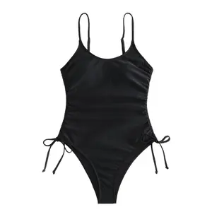 Women's Ruched High Cut One Piece Swimsuit Tummy Control Bathing Suit Monokini # solid color one-piece beach summer day tankinis Halter Metal Decor backless modest beachwear vacation hot spring stretch swimwear adjustable strap full coverage swimweek mesh