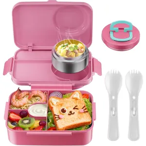 Upgraded  Lunch Box with Thermo for Hot  1400ml  Bento Box for  with 5oz Small Thermo for Girls Boys with Fork Spoon Leakproof for Dining Out School Work Picnic, Rose-