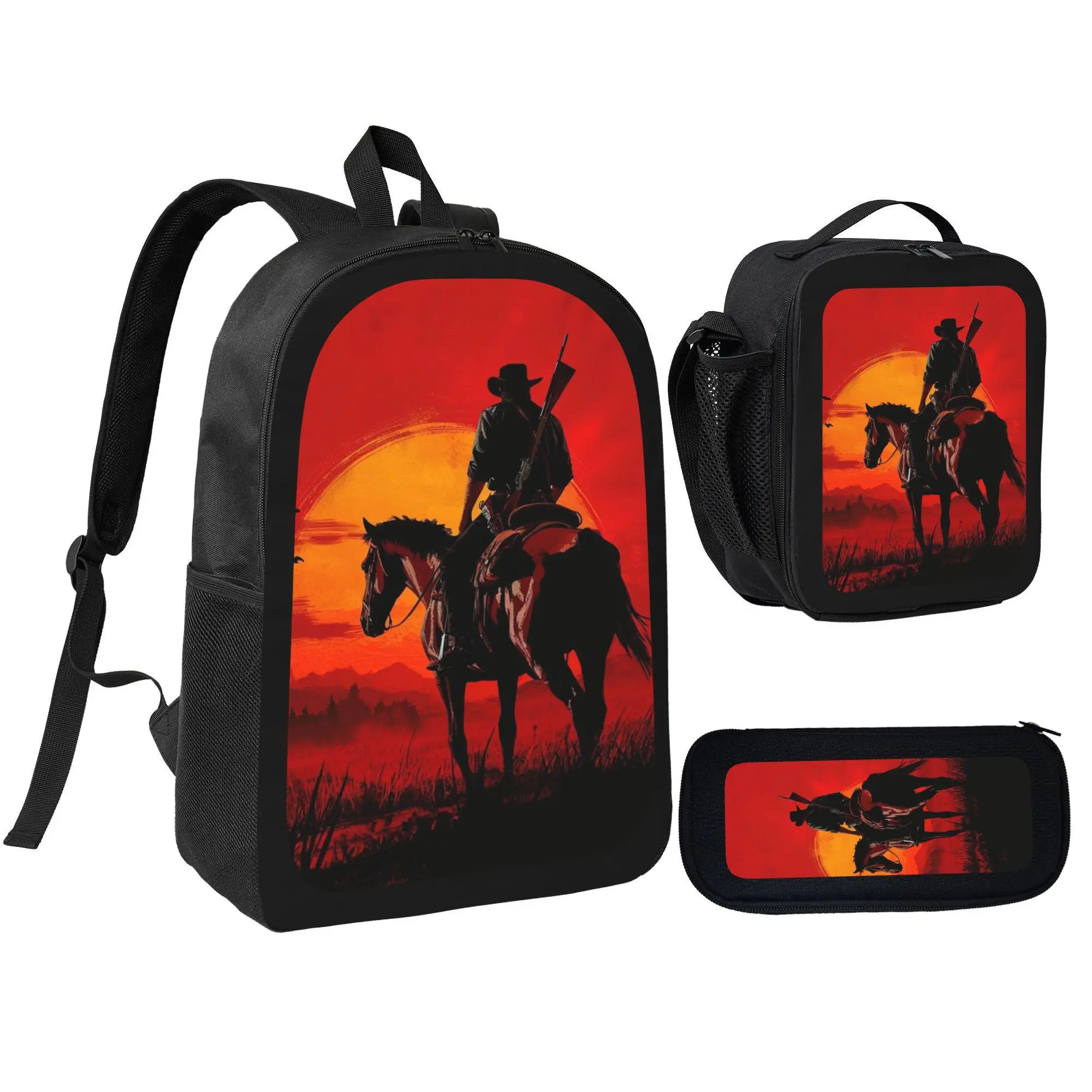 [3Pcs Backpack Set] Cowboy Horse Sunset Silhouette With Lunch Bag Pencil Pouch School Bag For Boys Kids Students Daily Use