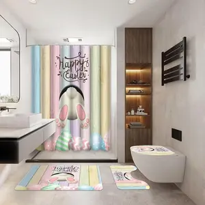 1/4pcs Easter Theme Bath Curtain Set with Bunny and Egg Design, Non-Slip Mat, U-Shaped Rug, Toilet Seat Cover, Perfect Bathroom Decor