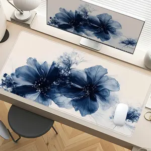 Blue Ink Floral Desk Mat Gaming Mouse Pad XXL Extended Mouse Pad for Laptop Large Mouse Pad for Desk with Non-Slip Rubber Base Stitched Edges Surface for PC Gamers Office Workers & Home Use Desk Accessories