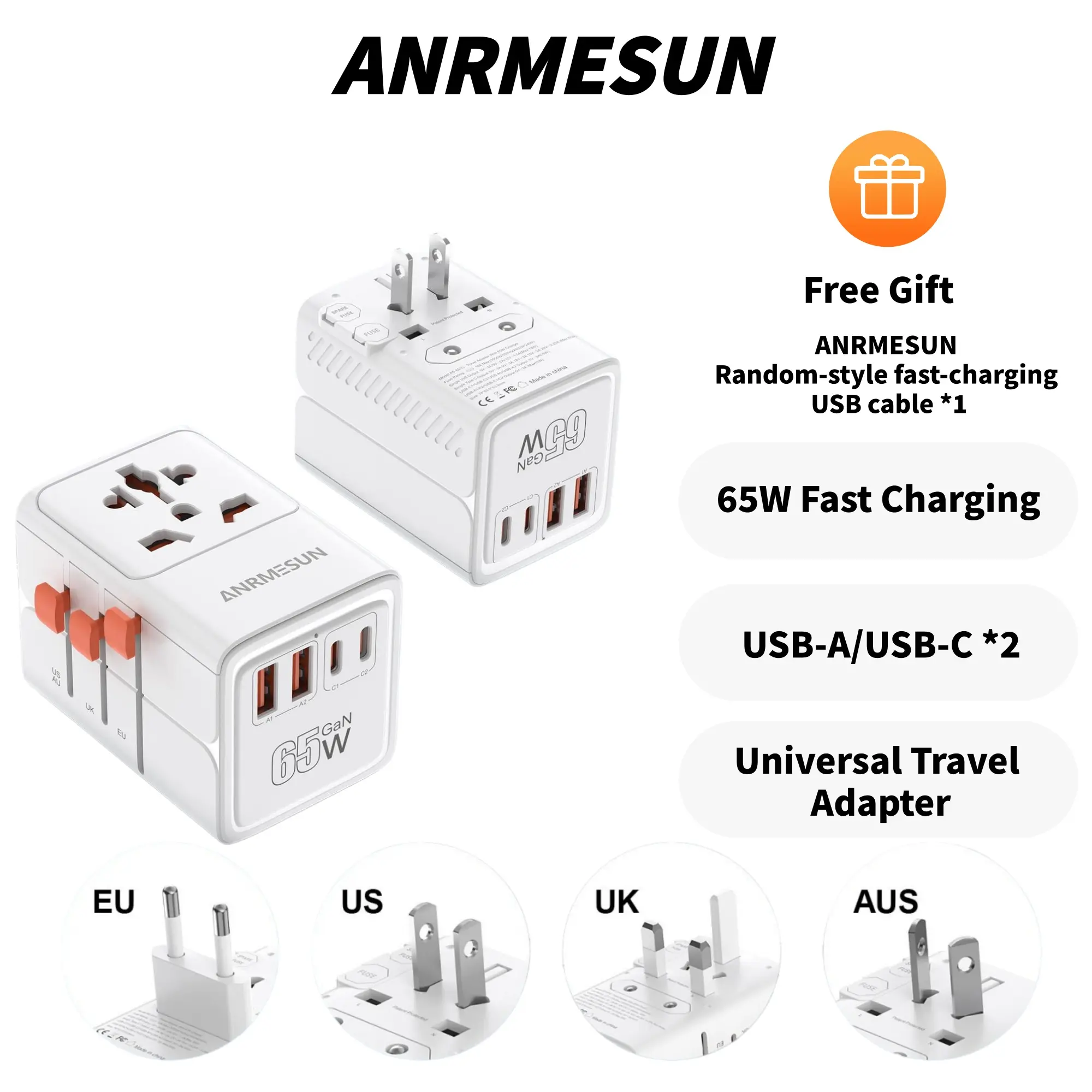 ANRMESUN Universal Socket Travel Adapter Multi Plug Outlet Charger - 2 USB-A, 2 Type-C Ports, ABS Plastic Compact Charging Solution with High-Efficiency Quick Charge for Cellphones, Electronic Devices, High-Efficiency Charging