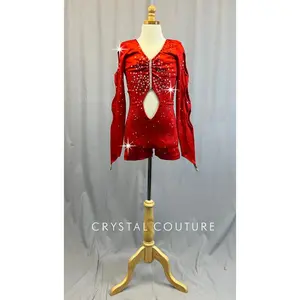 Red Long Sleeved Biketard with Cutouts - Rhinestones
