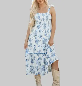 Viral Sky Blue Floral Shirred Knot Shoulder Dress, Sleeveless Tiered Midi Dress for Women, 100% Polyester Lightweight Fabric, Flowy Summer Dress for Brunch, Wedding Guest & Everyday Wear,Women's Boho Floral Print High Waist Ruffle Split Maxi Dress