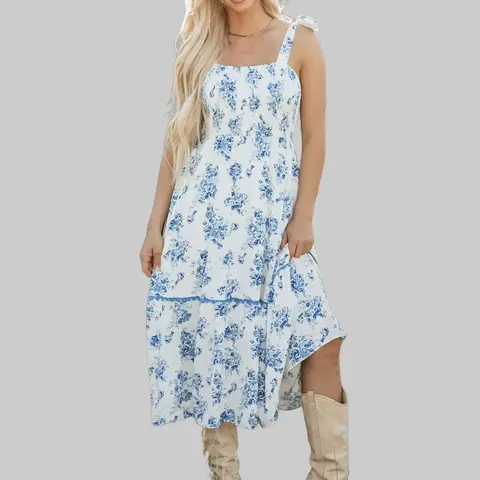 Women's Chic Bohemian High-Waisted Sky Blue Floral Design Sleeveless Shirred Knot Shoulder Dress - 100% Polyester Lightweight Flowy Tiered Midi with Ruffle Split, Casual Dresses for Brunch, Wedding Guest, Floral Design Casual Dresses