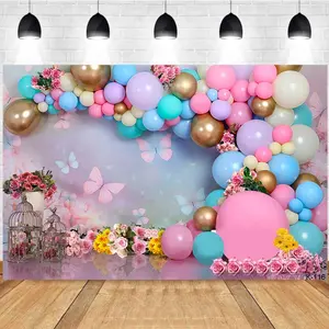Photography Background Dreamy Party Scene Colorful Balloon Arch Butterflies Flowers Proposal Wedding Birthday Party Photo Studio Backdrop