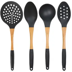 BEILLE 4-Piece Non-Stick Nylon Cooking Spoons Kitchen Utensils Tool Set with Wooden Handle High Heat Resistance Dishwasher Safe