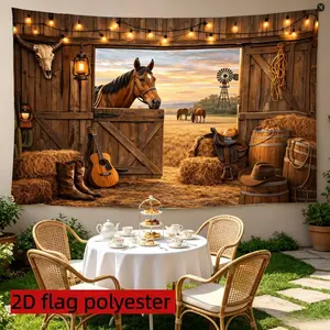 2D flat 1pc Western cowboy barn background fabric, retro ranch, wooden barn door, sunset grassland, horse, cowboy boots, guitar and string light elements, suitable for western theme parties, cowboy style birthday parties, multiple sizes available