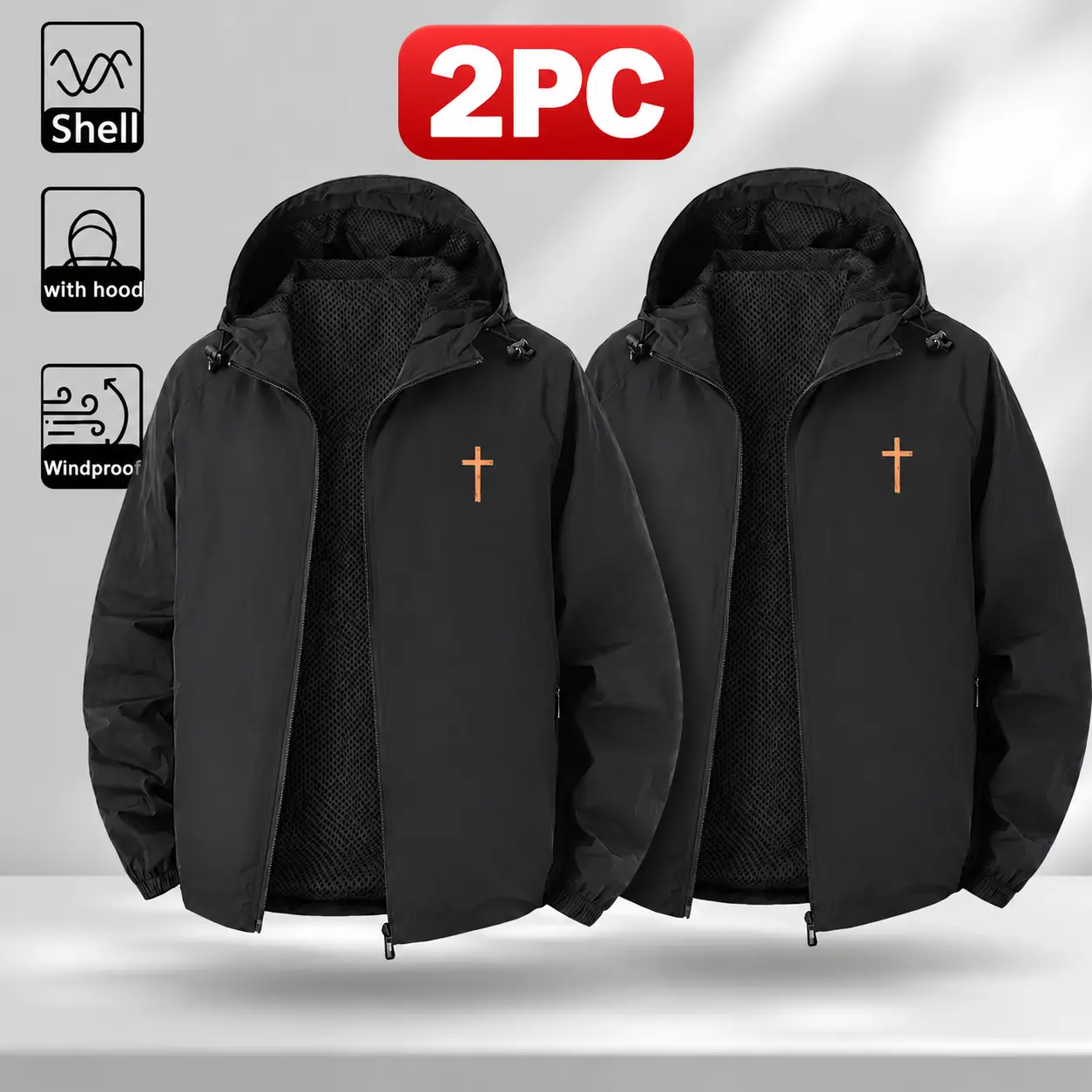 2PC Minimalist Cross Hooded Windbreaker Jackets, Zip-Up Shell Jackets with Small Christian Chest Graphics, Casual Faith Apparel
