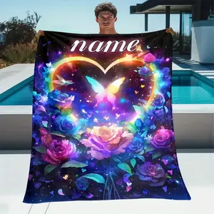 Dreamy Theme Personalized Name Blanket with Dreamy Roses and Butterflies - Lightweight Knitted Polyester Flannel Blanket, Suitable for All Seasons, Tear-Resistant, Digital Printing, 200-250g/m²