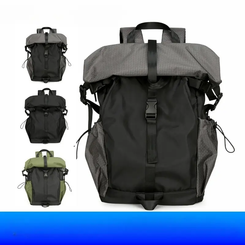 Unisex Ripstop Water-Resistant Roll-Top Backpack - Adjustable Capacity, Multi-Compartment, Side Pocket, Buckle, Techwear Look for Outdoor Enthusiasts, Hiking, Business, Ripstop Fabric, Hiking & Travel