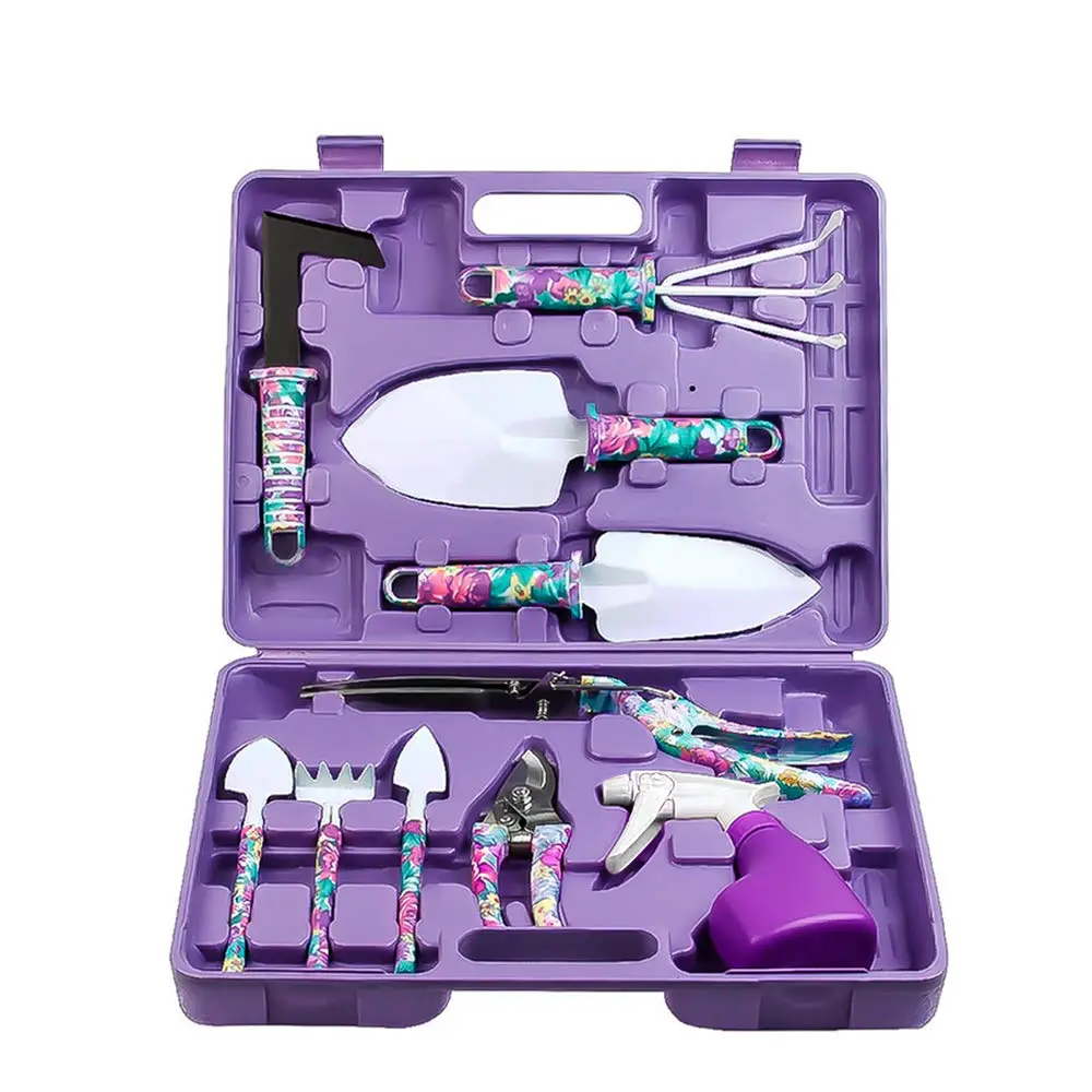 10-Piece Portable Garden Tool Kit with Flower Print - Small Shovels, Scissors, Rake, Weed-Remover, Sprayer, Handbag Toolbox for Vegetable Gardening, Outdoor Soil Excavation