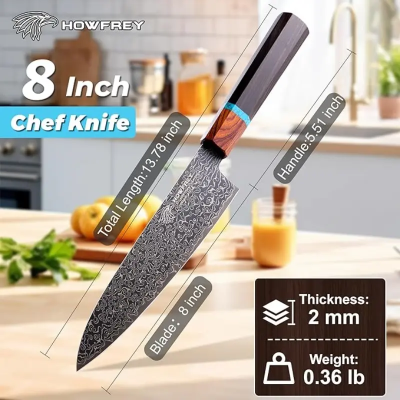 HOWFREY 8 in Damascus Chef Knife, Ultra-Sharp High Carbon Steel Kitchen Knife with Ergonomic Wood Handle, Professional Cutting Tool for Meat & Vegetable, Ideal Gift for Home Chefs