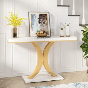 LITTLE TREE Modern Gold Console Table, 40 inch Narrow Entryway Foyer Table with Geometric Base, Rustic Hallway Accent Table for Living Room, Entrance LITTLE TREE Modern Gold Console Table, 40 inch Narrow Entryway Foyer Table with Geometric Base, Rustic Hallway Accent Table for Living Room, Entrance