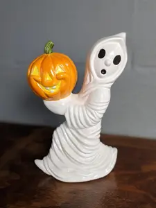 Vintage Ceramic Ghost Holding Pumpkin