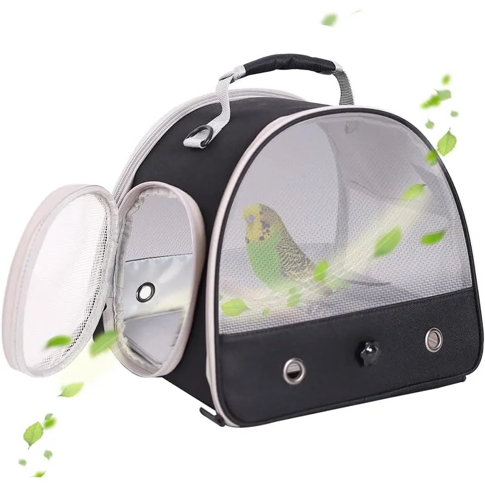 Collapsible Small Bird Carrier Cage with Top Handle Bag, Ventilation System, Airflow Ventil., Standing Perch, Stainless Steel Tray, Side Access Window, Nylon Mesh, Shoulder Straps for Lovebirds, Parrots/Budgies Pet Transportation