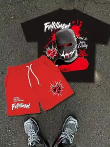 Men's Street Casual Print T-Shirt and Shorts Set, Summer Sportswear Top + Drawstring Beach Pants, Trendy Cool Vacation Two-Piece