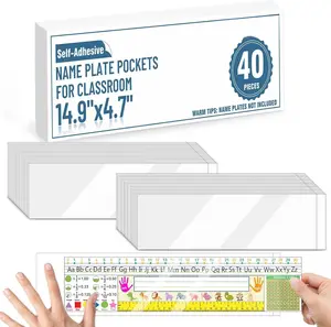 40 count Nameplate Pocket, 14.9" x 4.7" Adhesive Desk Name Tag Sleeves Easy Remove Nameplates Holder, Thicken Clear Scratch Proof Name Tag Pockets for Classroom Desk