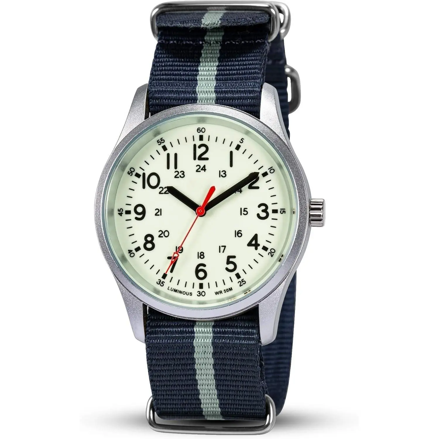 Men's Military Field Watch with Striped Nylon Strap - 5ATM Water Resistant Quartz Watch with Luminous Dial and 12/24 Hour Time, High Quality Watches, Sporty Waterproof Watch