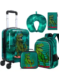 5Pcs Kids Suitcase Set for Boys, 16.5" Hardside Luggage with Spinner Wheels, Dinosaur Travel Carry on Luggage Airline Approved (Black), Backpack