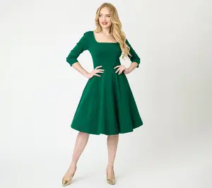 Unique Vintage Green Square Neck Swing Dress