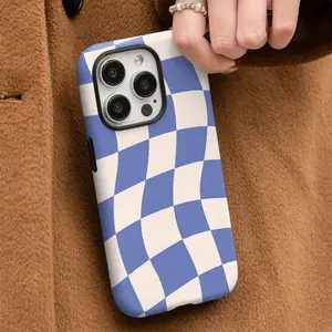 A stylish blue and white wavy checkered design dual-layer protective case, sturdy and durable, suitable for iPhone 17/16/15/14/13/12/11 Pro Max/Plus/Pro, and Samsung Galaxy S25/S24/S23 Ultra series. Ideal for couples.