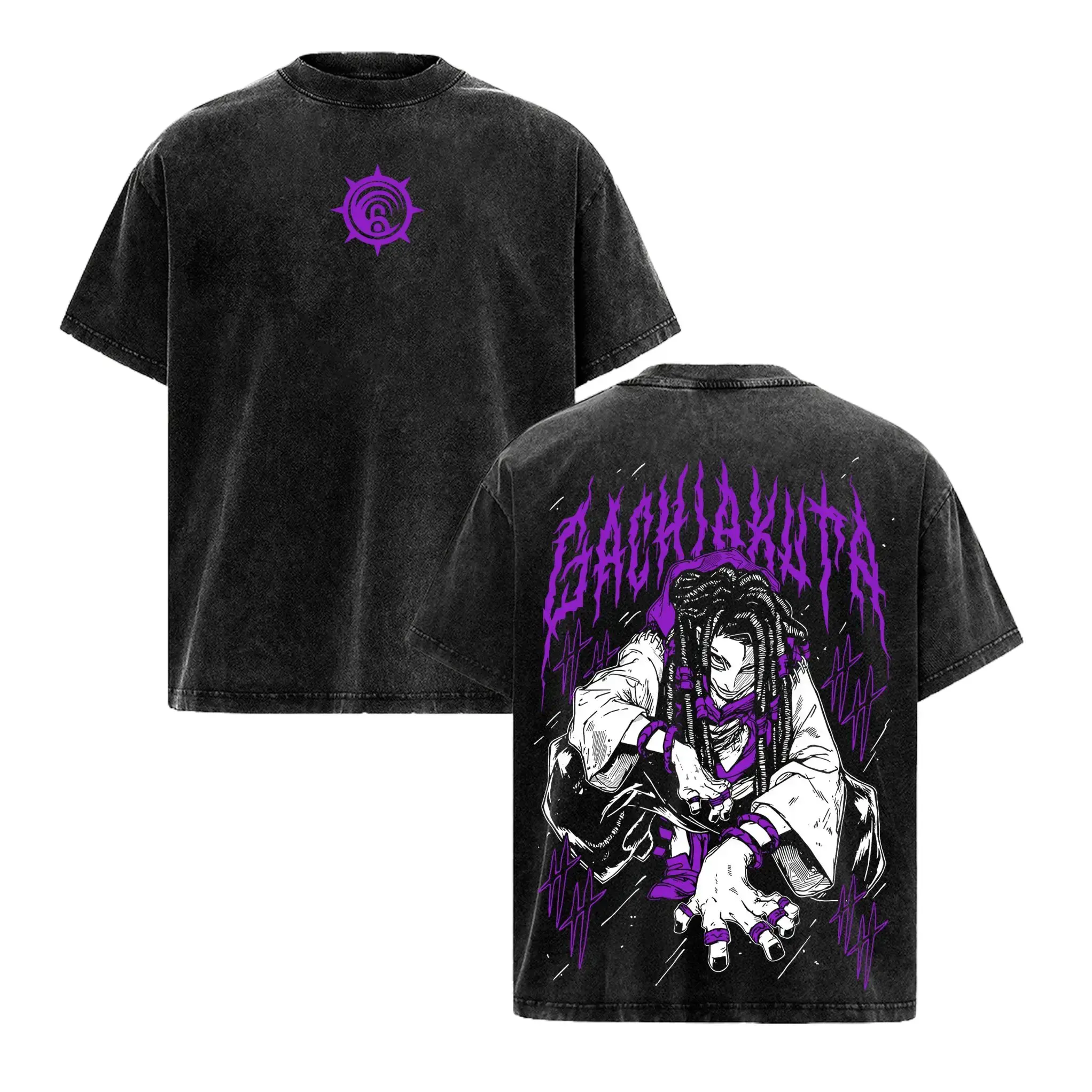 Gachiakuta Jabber Graphic T‑Shirt, Vintage Acid Washed Grunge Anime Oversized Drop‑Shoulder Tee, Black Purple Print Streetwear Tshirt
