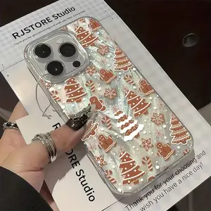 Christmas Gingerbread Man Pattern Transparent Tpu Shockproof Phone Case for iPhone 11/12/13/14/15/16 Series, Imd Design