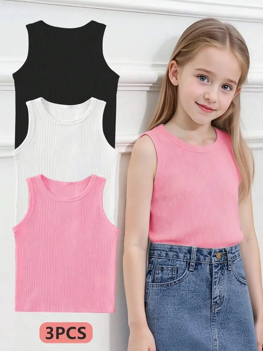 3Pack  Young Girl Camisole, Girls' Crew Neck Solid Color Sleeveless Undershirt, Boys & Girls Baby Ribbed Tank Top Tops, Summer Layering Tees