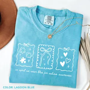 In April We Wear Blue Comfort Colors T-Shirt, Autism Awareness Coquette Bow Shirt, Neurodiversity Acceptance Graphic Tee, Support Autism Shirt