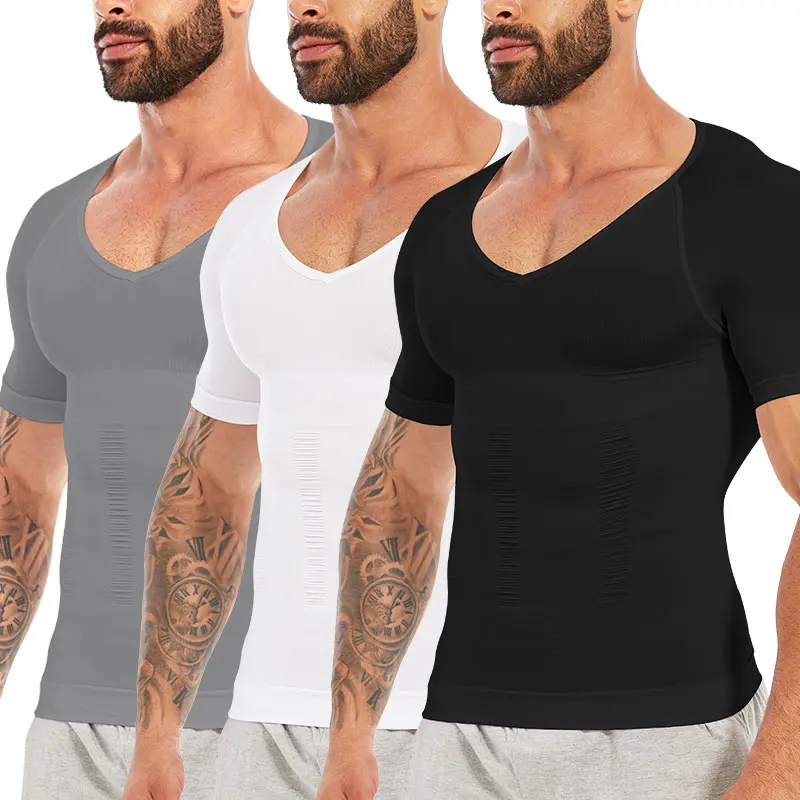CATTIBOR 1/2 Pack Menswear Men's Shaping Shirt Short Sleeve,Men Compression Shirt For Workout Running V Neck Shirt Shapewear,Men Soft & Breathable Sport Vest Tank Tops Menswear Undershirt For All Seasons